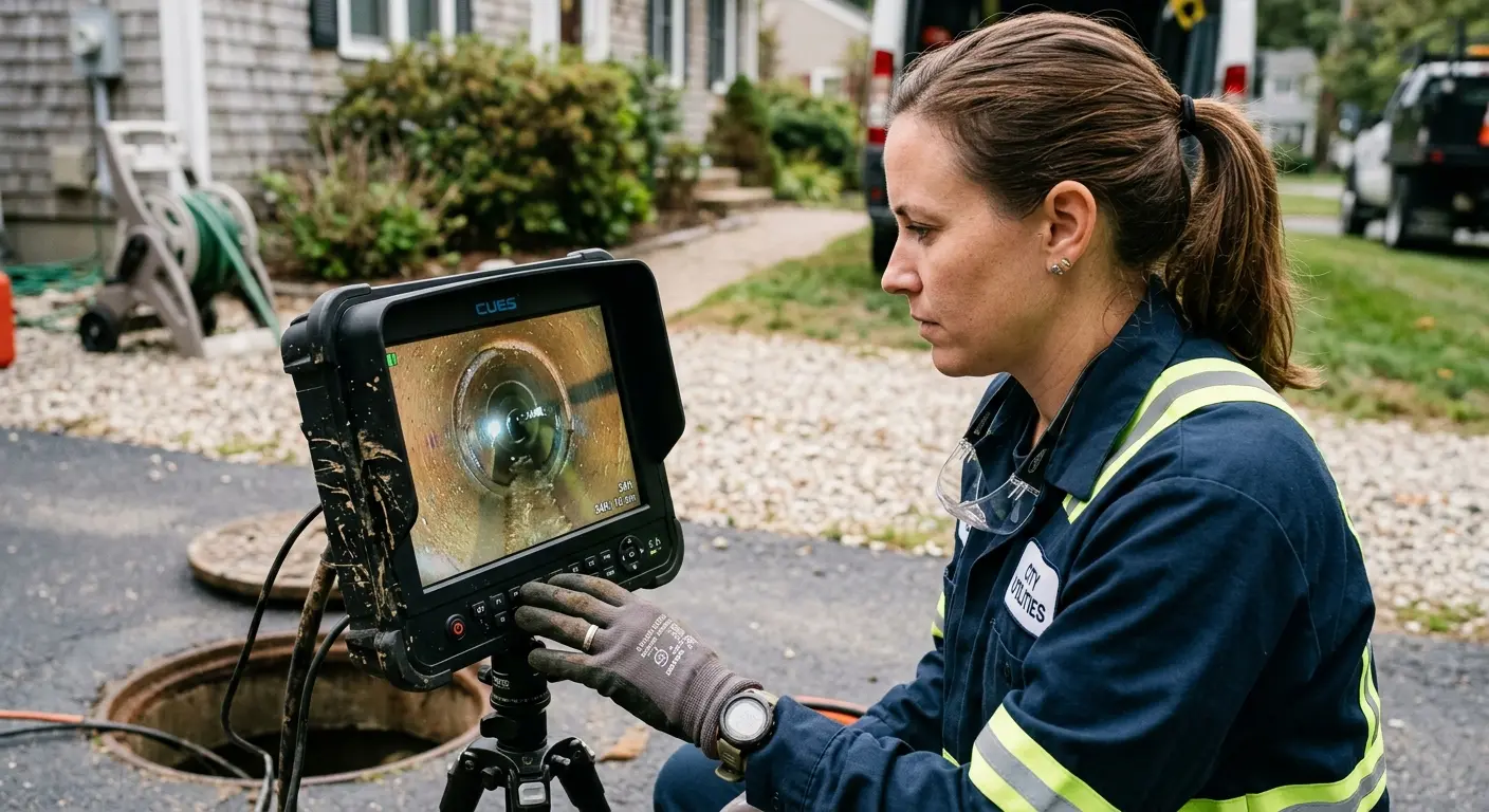 Technician reviewing sewer camera inspection footage in Ogden