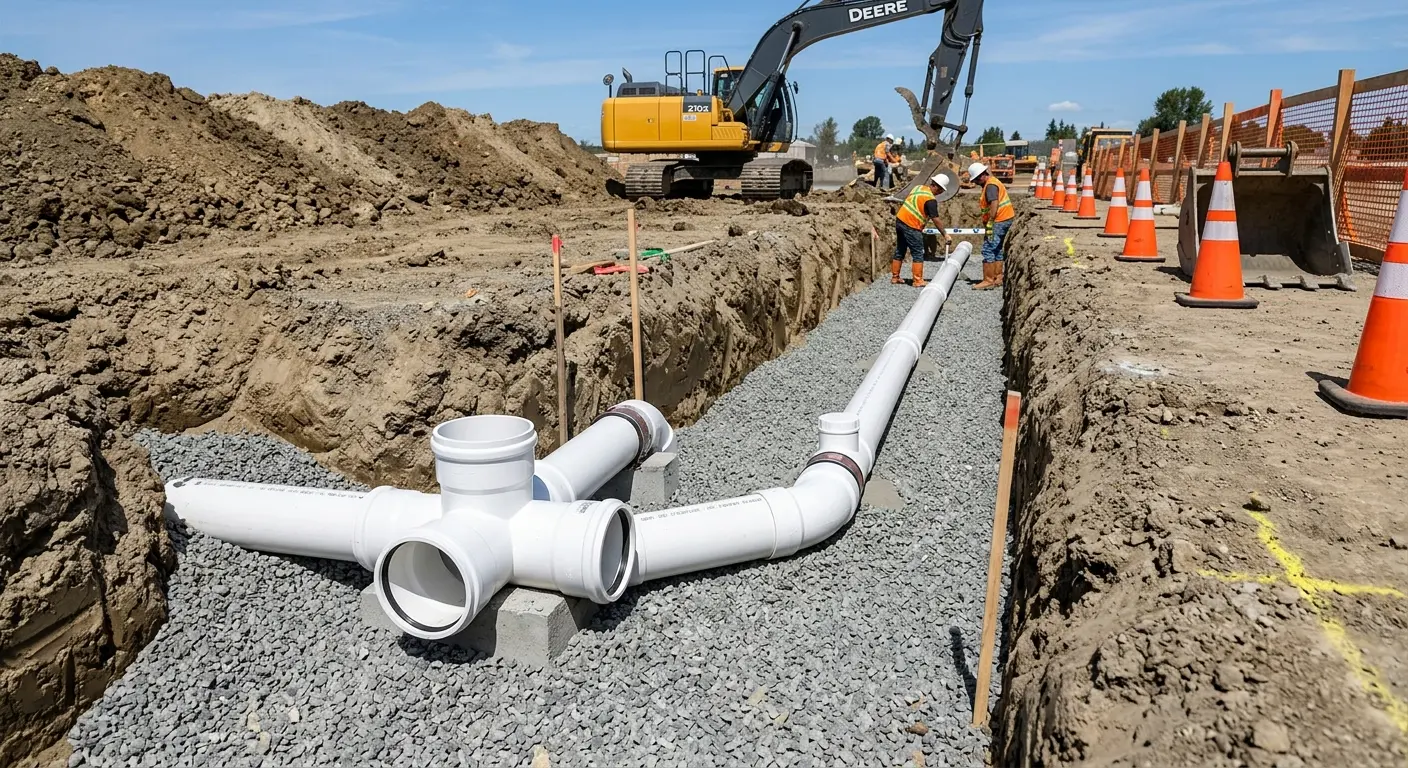 New PVC sewer pipe installation in open trench for Sewer Camera Inspection in Ogden