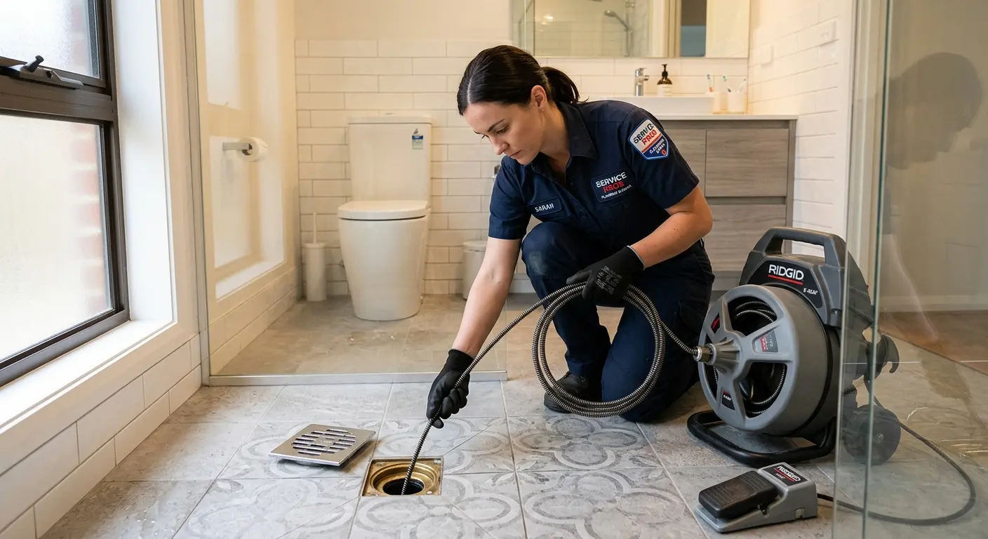 Technician clearing a bathroom floor drain for Sewer Line Installation in Ogden